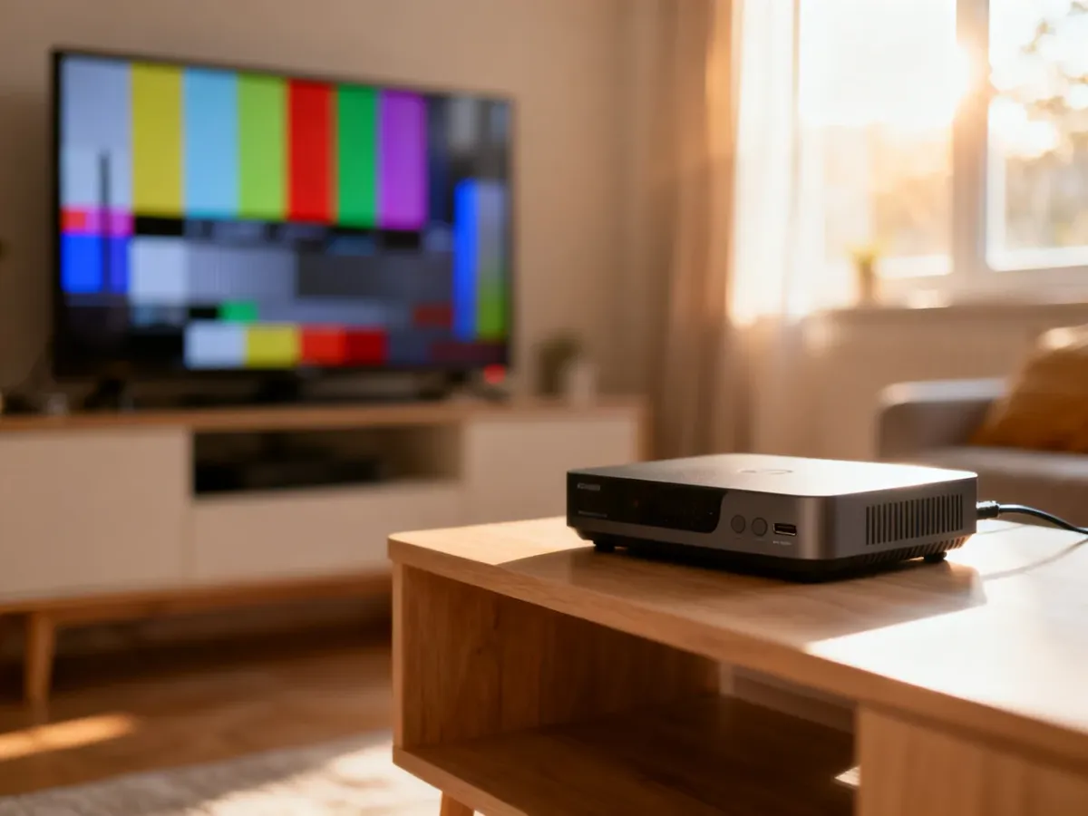 Nowoczesny dekoder telewizji cyfrowej na drewnianej szafce w przytulnym salonie, gotowy do odbioru sygnału HD.
